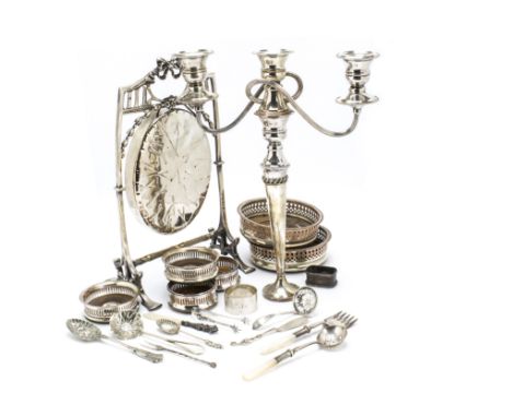 A collection of silver and silver plated items, including a cute silver and mop letter opener, a boxed silver napkin ring, an