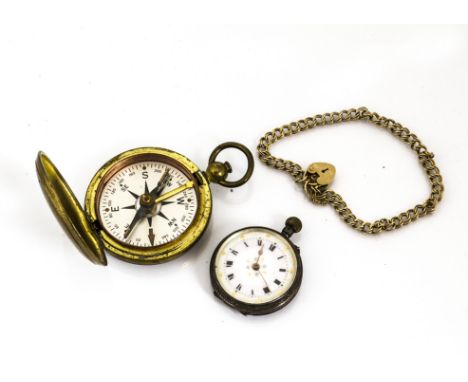 A late 19th century silver continental silver open faced pocket watch, AF, together with a 9ct gold bracelet, 5.7g and a bras