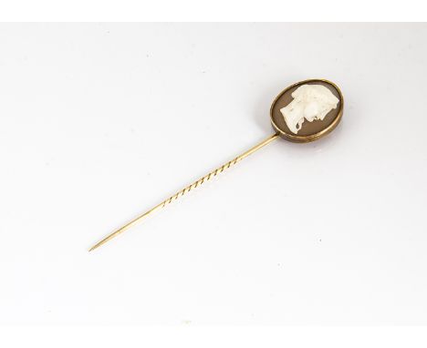 A 19th Century Grand Tour Cameo and gold stick pin, the shell cameo with profile of a young woman in a gold mount, on gold pi