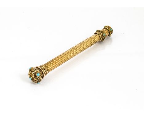 A Victorian gold retractable pencil, with engine turned body, possibly 15ct or 18ct gold, chased bulbous finial, slide and te
