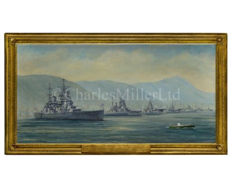 ARR GEOFF SHAW (BRITISH, 1892-1970)The surrender of Hong Kong, 1945Signed ‘Geoff Shaw’ (lower right)Oil on canvas17 x 35in. (