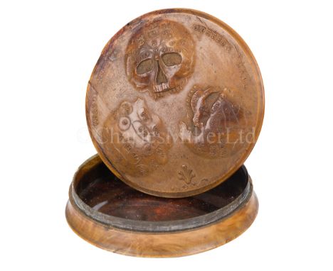 A RARE 'DR. GALL' CRANIOLOGICAL SNUFF BOX, CIRCA 1828constructed in pressed fruitwood with tortoishell lining, the lid depict