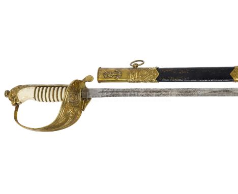 AN 1827-PATTERN DRESS SWORD FOR THE ITALIAN ROYAL NAVYthe 27in. etched steel blade, gilt brass half-basket hilt with hinged t