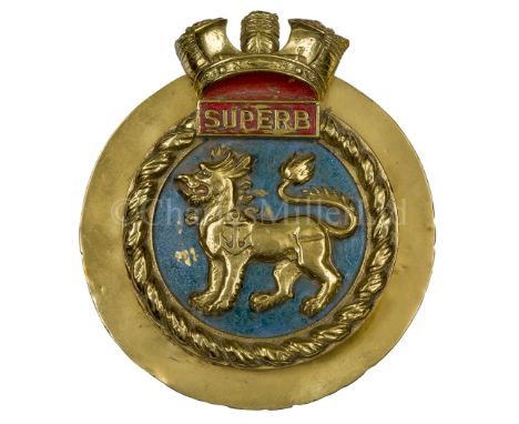 A 7½IN. TOMPION FOR THE H.M. LIGHT CRUISER H.M.S. SUPERB, 1945polished brass with polychrome field, secured to brass mounting