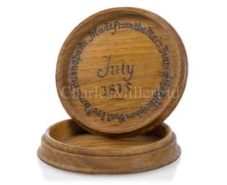 A SNUFF BOX MADE FROM TIMBER RECOVERED FROM H.M.S. BELLEROPHONthe lid inscribed in ink within Made from the main beam of the 