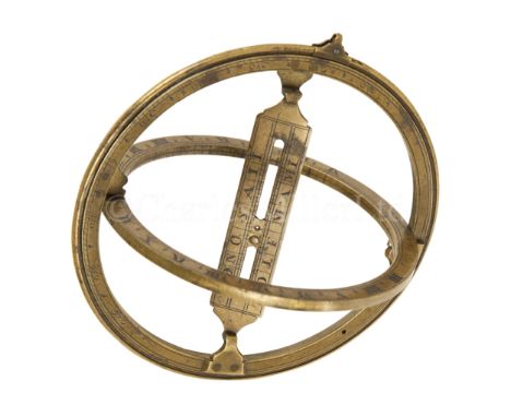 AN 18TH CENTURY UNIVERSAL EQUINOCTIAL RING DIAL unsigned, with black-filled numbers to chapter ring, hinged bridge with slidi