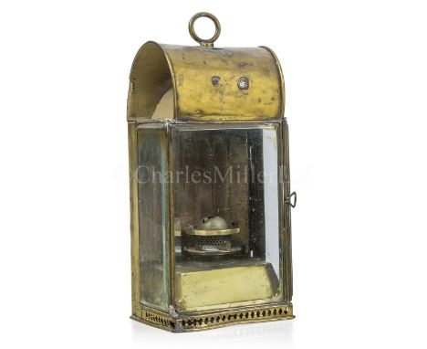 A BRASS BULKHEAD VESTIBULE LAMP, CIRCA 1900unsigned, with bevelled glass front and side panels, the right side hinged, the co