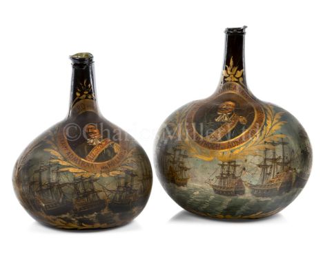 A LARGE GREEN GLASS ONION BOTTLE COMMEMORATING ADMIRAL MICHIEL ADRIEAANSZ DE RUYTER, CIRCA 1700the front painted in polychrom