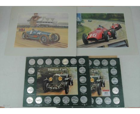 Two sets of Historic Cars collectors coins; together with four Graham Turner motor racing prints 
