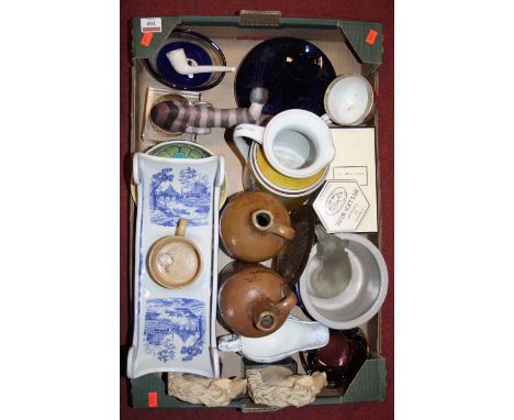 A box of miscellaneous items, to include a blue and white cheese coaster, blue glass decanter etc 