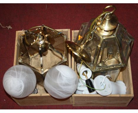 Two brass hall lanterns, together with various other lighting 