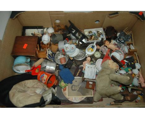 A box of miscellaneous items, to include clockwork monkey with cymbals, various dolls house furniture, dolls china etc 