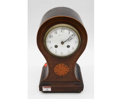 An Edwardian mahogany and boxwood strung balloon shaped eight day mantel clock, the enamel dial showing Arabic numerals, 30cm