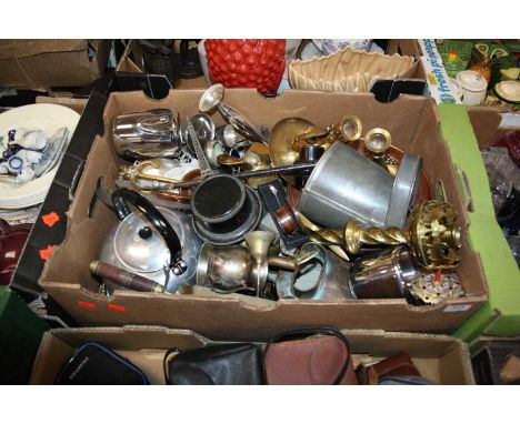 A box of metalware, to include Victorian brass candlestick