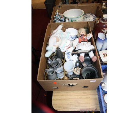 A box of vintage ceramics, metalware and dolls, to include a pierced brass trivet