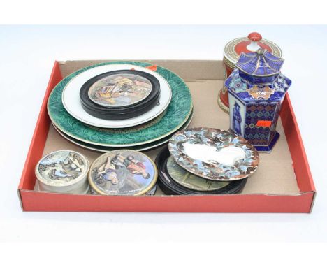 A collection of Victorian Pratt ware to include pot lids, plates, and a jar, together with a Masons Pagoda jarBlue Chinese va