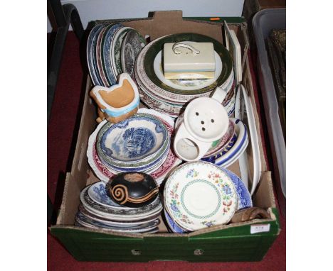 A box of miscellaneous china, to include transfer printed saucers, shaving mug etc 