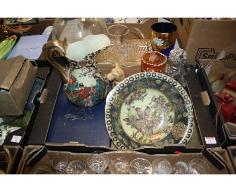 A box of ceramics and glassware, to include a cut glass decanter and Japanese wash set 