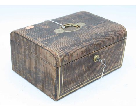 A 19th century tan leather clad jewellery box, having Bramah lock, inscribed Miller Maker Park Street Bristol, the lid liftin