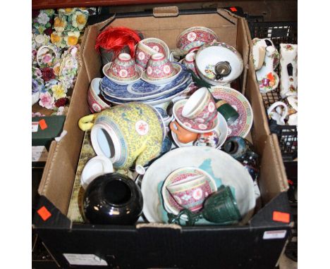 A box of various eastern ceramics to include an enamel decorated part tea service