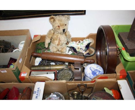 A collection of miscellaneous items to include a floral encrusted table basket, a rolling pin, horse brass etc