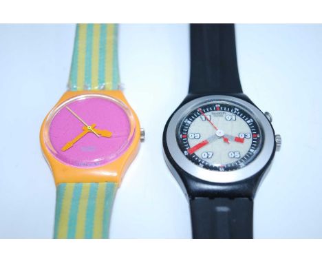 A Swatch quartz bracelet watch, having black case and strap; together with one other having orange case and pink dial (2)