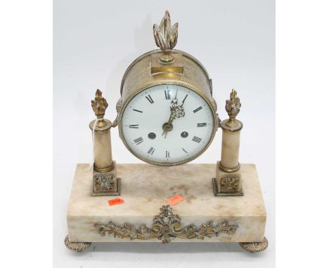 A 19th century French eight-day mantel clock, the enamelled dial showing Roman numerals, mounted upon a polished hardstone pl