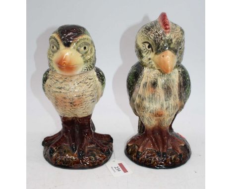 Two pottery jars and covers each in the form of a grotesque bird, height 22cm Very Light impressed mark to base 117?In good c