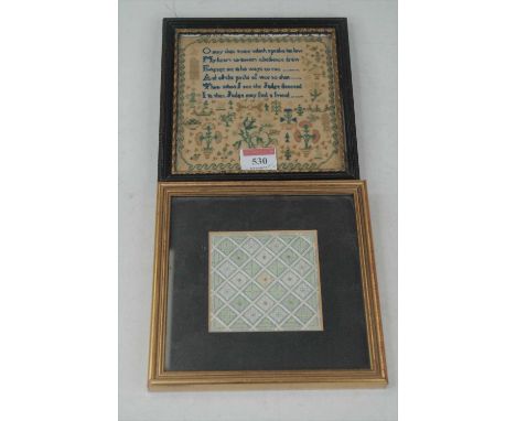 A 19th century needlework picture and verse sampler, undated, 14 x 14cm; together with a contemporary embroidered panel, 8.5 