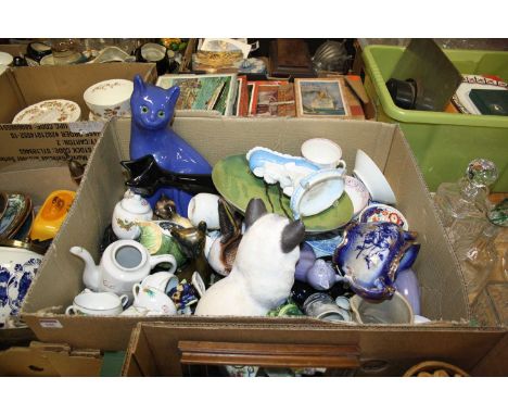 A box of ceramics, to include a Galle style cat, Japanese part tea service etc 
