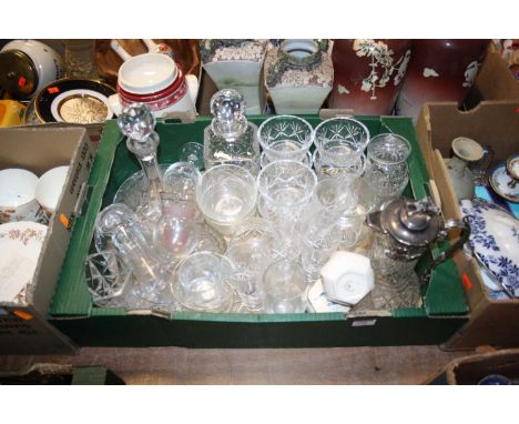 A collection of mixed glassware, to include a silver plate mounted claret jug and a ships decanter 