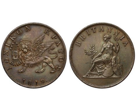 George III (1760-1820), copper Obol, 1819, Venetian lion left, date below, Greek legend and toothed border, IONIKON KPATO?, r