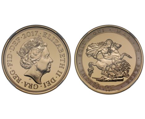 Elizabeth II (1952-), gold Five-Pounds, 2017, crowned head right, JC initials below for designer Jody Clark, Latin legend and
