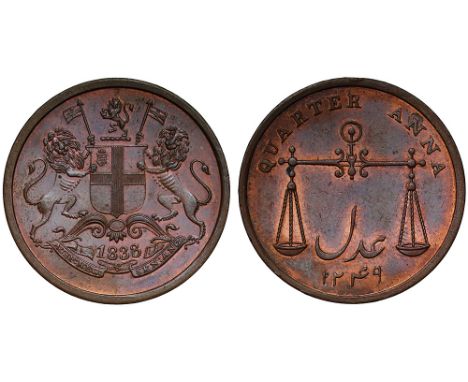 India, East India Company, Bombay Presidency, copper Proof ¼-Anna, 1833, AH1249, lion on beaded base (Pr. 219; St. 5.36; KM 2