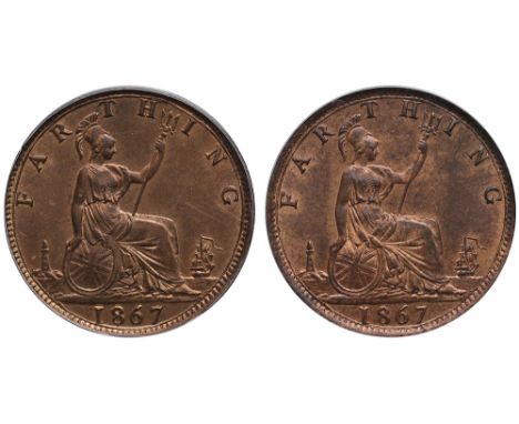 Victoria (1837-1901), bronze Farthings (2), 1867, second example with doubled 186 in date, both with low 7, "bun" type laurea