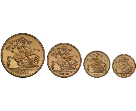 Elizabeth II (1952-), gold four coin Proof Set, 2008, Five Pounds, Two Pounds, Sovereign, Half-Sovereign, crowned head right,