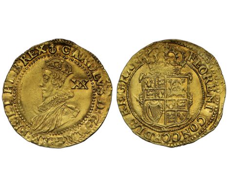 Charles I (1625-49), gold Unite, group B, second crowned and draped bust in ruff left, bust variety 2a, value XX in field beh