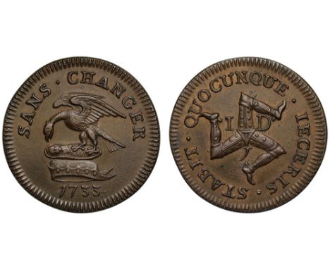 James Stanley, 10th Earl of Derby (1702-36), copper Penny, 1733, Stanley family crest of eagle over child in wicker basket, a