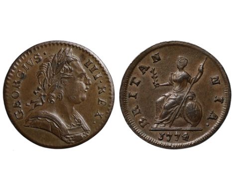 George III (1760-1820), copper Farthing, 1774, second variety of laureate and cuirassed bust right, Latin legend and toothed 
