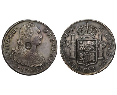 George III (1760-1820), oval countermark upon Spanish Eight Reales of King Charles IIII (1788-1808), 1793 IJ, struck in Lima,