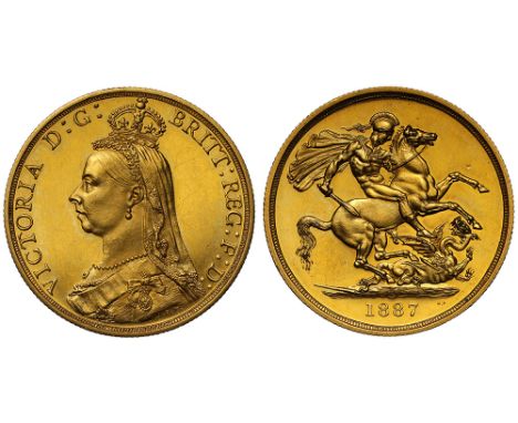 Victoria (1837-1901), gold proof Two Pounds, 1887, Jubilee type crowned bust left, J.E.B. initials on truncation, VICTORIA D: