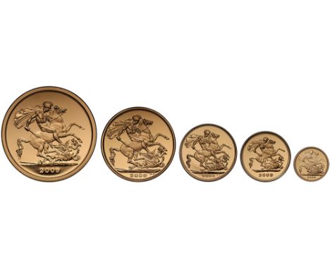 Elizabeth II (1952-), gold five coin Proof Set, 2009, Five Pounds, Two Pounds, Sovereign, Half-Sovereign, Quarter-Sovereign, 