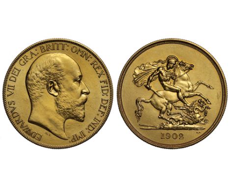 Edward VII (1901-1910), Matt Proof gold Five Pounds, 1902, Coronation year, bare head right, De S. below truncation for engra
