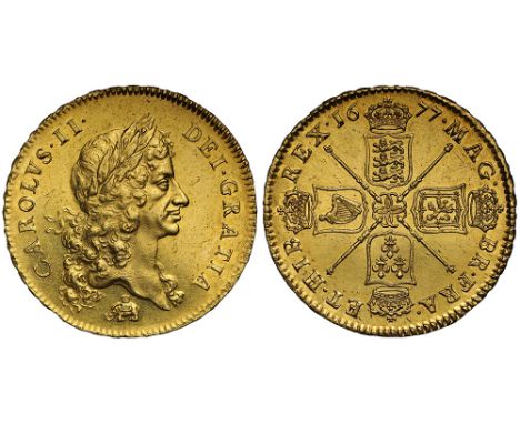 Charles II (1660-85), gold Five Guineas, 1677, elephant and castle below first laureate bust right, legend and toothed border