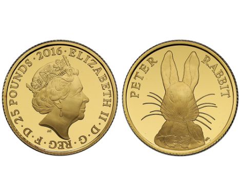 Elizabeth II (1952-), gold 25 Pounds, 2016, 150th Anniversary of Beatrix Potter, Peter Rabbit gold Quarter Ounce, fifth crown