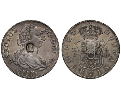 George III (1760-1820), oval countermark upon Spanish Four Reales of King Charles III (1759-88), 1773 CF, struck in Seville, 