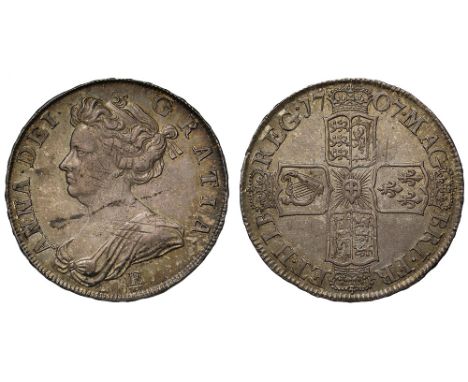 Anne (1702-14), silver Post-Union Halfcrown, 1707, Edinburgh Mint, E below first draped bust left, Latin legend and toothed b