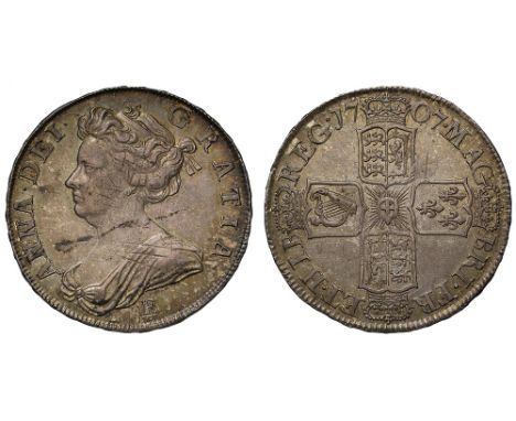 Anne (1702-14), silver Post-Union Halfcrown, 1707, Edinburgh Mint, E below first draped bust left, Latin legend and toothed b