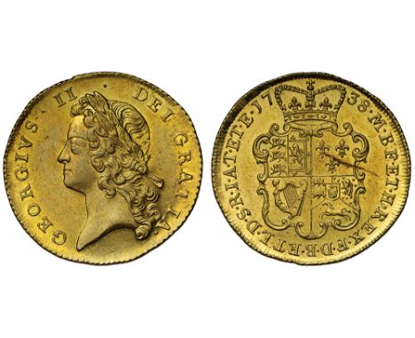 George II (1727-60), gold Two Guineas, 1738, young laureate head left, Latin legend and toothed border surrounding, GEORGIVS.