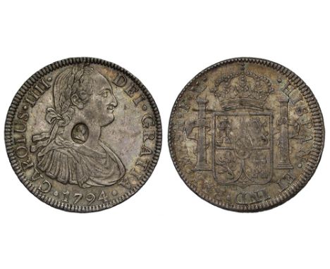 George III (1760-1820), oval countermark upon Spanish Eight Reales of King Charles IIII (1788-1808), 1794 FM, struck in Mexic